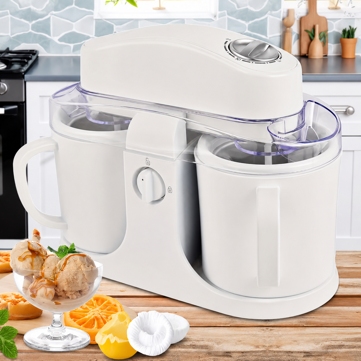 Home Treats | Dual Bowl Ice Cream Maker with Easy One-Knob Control | Compact Design for Quick Frozen Desserts
